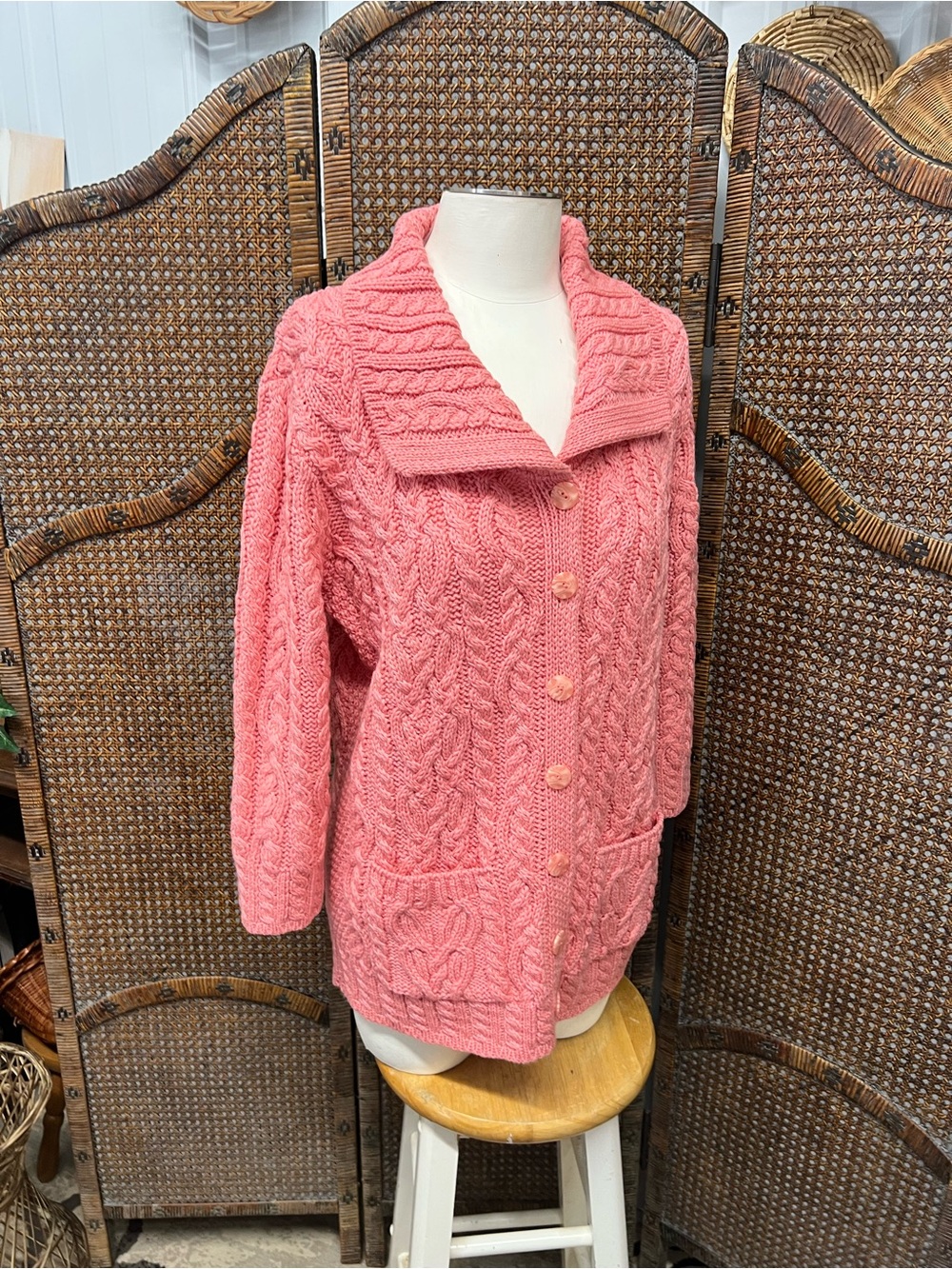 NWOT Aran Crafts pink wool cardigan sweater medium merino wool
